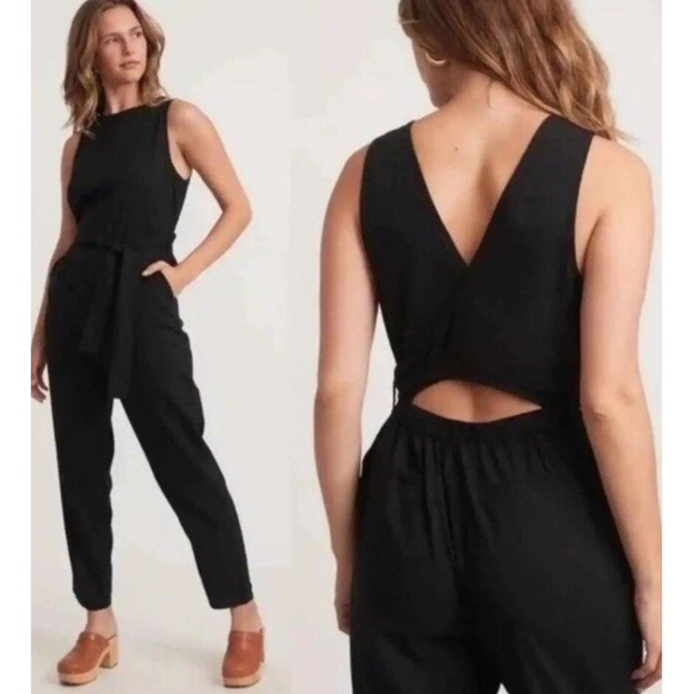 Marine Layer Eloise Belted Jumpsuit Medium Black Cutout Back Tencell Blend NWT ~